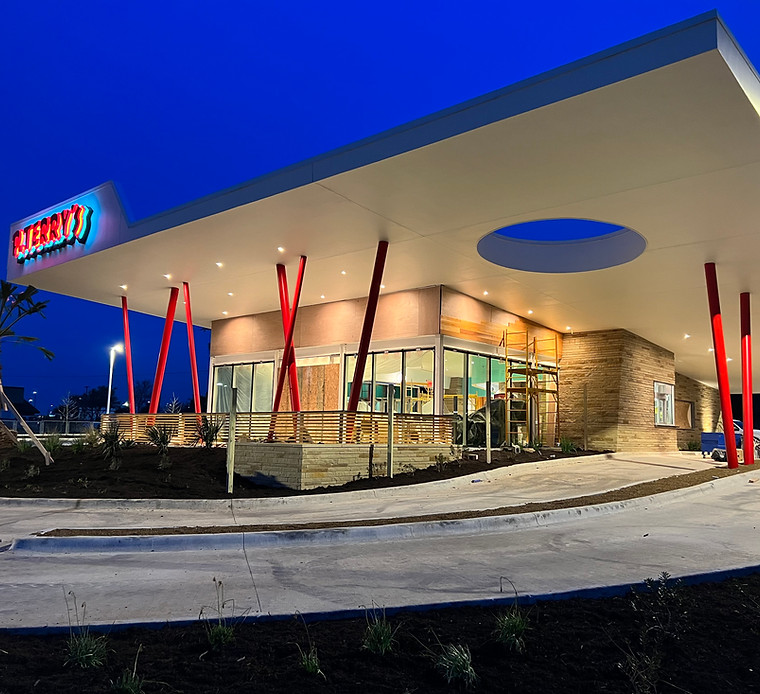 P. Terry's restaurant exterior at dusk — electrical by Wired Generations